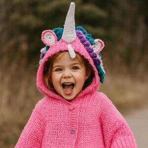 Toddler's Hand Knit Pink Unicorn Robe
